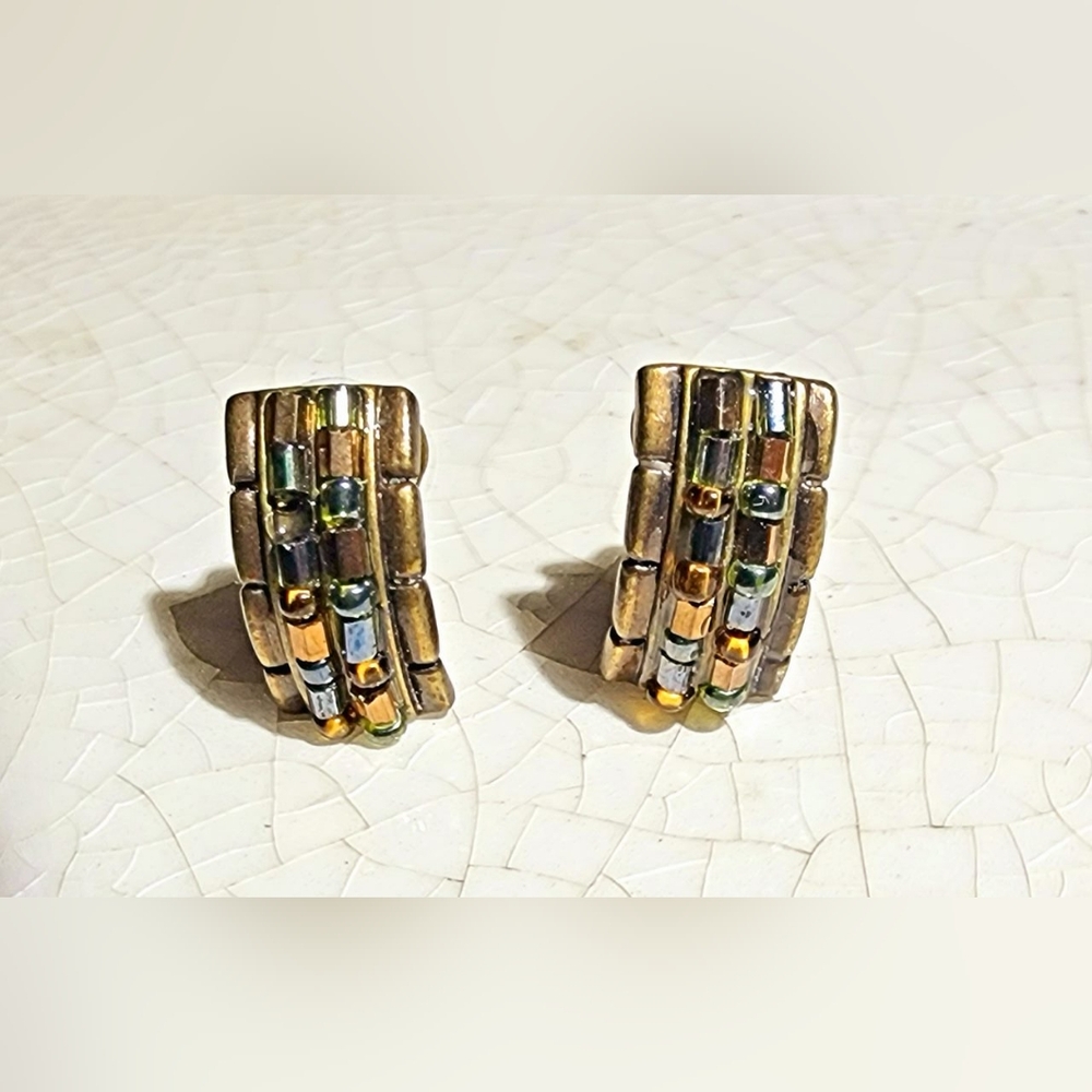 Coldwater Creek unsigned bronze brown beaded half curve post earrings